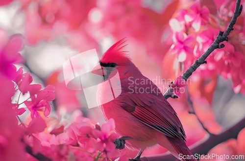 Image of Red Bird Perched on Tree Branch