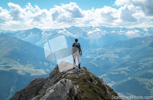 Image of Solitary hiker atop majestic peak