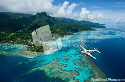 Image of Tropical island aerial view with airplane