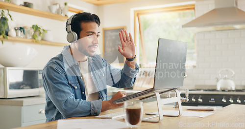 Image of Remote work from home, talking and man with a laptop, video call or social media with online meeting. Male person, entrepreneur or employee with a pc, conversation or webinar with internet connection