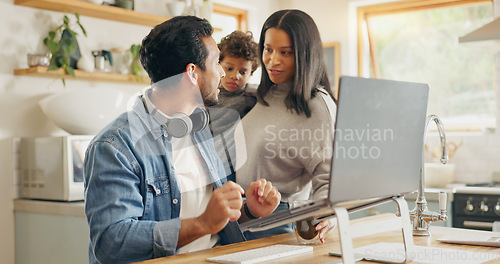 Image of Kitchen, speaking and parents with a laptop, child and communication with internet connection, funny and chatting. Network, mother and father with technology, male child and conversation with humor