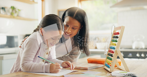Image of Homework, mother and girl with education, teaching and conversation with support, help and knowledge. Female child writing, student or mama with a kid, kitchen and learning with growth or development