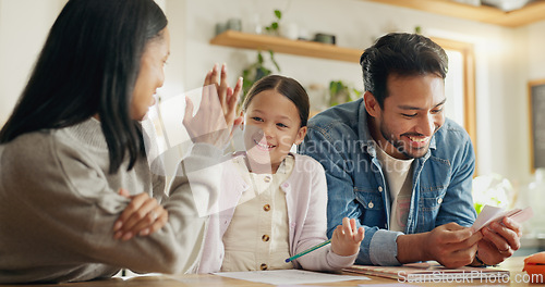 Image of High five, girl with parents and support with learning in house with card, game or mom and dad helping with homework together in home. Child, family and development of education with math games