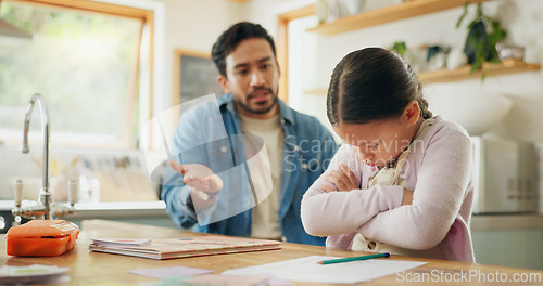 Image of Angry dad with crying child, homework and scolding in kitchen, helping to study with conflict. Learning, teaching and frustrated father with sad daughter for discipline, education and problem in home