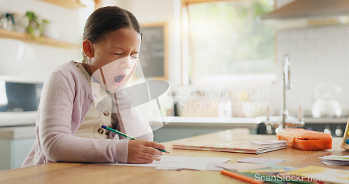 Image of Tired, yawn and child with homework in kitchen, bored and doing project for education. Fatigue, morning or young girl with adhd yawning while drawing, learning writing or school knowledge in a house
