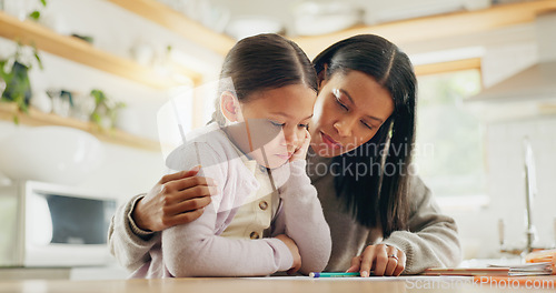 Image of Homework, help and mother with girl in a kitchen for education, studying and remote learning project. Study, knowledge and mom with kid and book for reading, child development or homeschool lesson