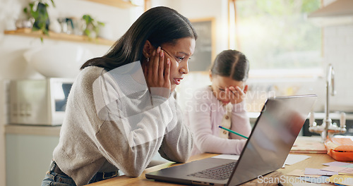 Image of Homework, stress and laptop for mother and girl with headache, anxiety and adhd homeschool fail in a kitchen. Education, pressure and mom with migraine and sad kid or online glitch in remote learning