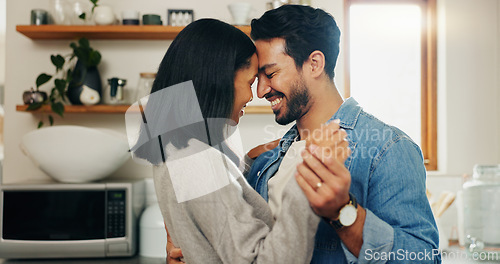 Image of Couple, dancing and kitchen with love for bonding and quality time in home. Romance, marriage and man or woman with movement for care with calm to celebrate happy relationship for partnership.