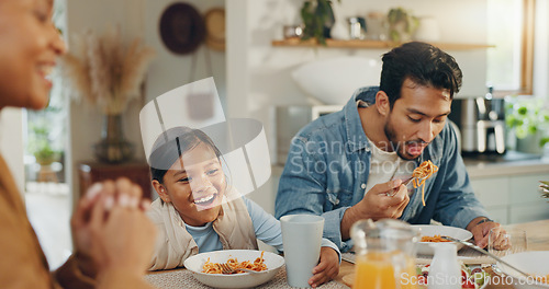 Image of Happy, family and lunch with juice at a table, hungry and a child excited for a drink. Smile, interracial and a mother, father and girl kid eating and enjoying dinner or breakfast together in a home