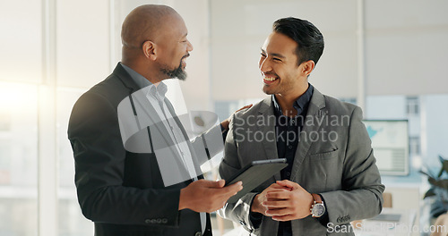 Image of Talking, tablet and happy business people teamwork, cooperation or discussion on sales news, results or report. Communication, partnership and professional team reading success data, insight or stats