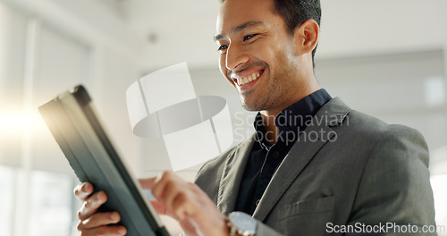 Image of Business man, tablet and happy for stock market results, investment planning or reading financial report. Professional asian person or trader scroll on digital technology, trading and data analysis