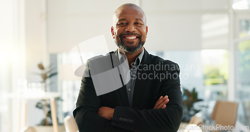 Image of Crossed arms, happy and face of business black man in office for leadership, empowerment and success. Corporate, manager and portrait of person smile in workplace for ambition, pride and confidence