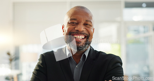 Image of Crossed arms, happy and face of business black man in office for leadership, empowerment and success. Corporate, manager and portrait of person smile in workplace for ambition, pride and confidence