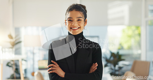 Image of Crossed arms, happy and face of business woman in office for leadership, empowerment and success. Creative agency, startup and portrait of person smile in workplace for ambition, pride and confidence