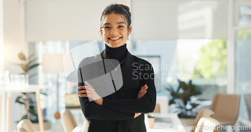 Image of Crossed arms, happy and face of business woman in office for leadership, empowerment and success. Creative agency, startup and portrait of person smile in workplace for ambition, pride and confidence