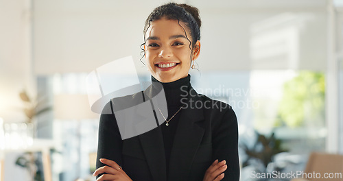 Image of Crossed arms, happy and face of business woman in office for leadership, empowerment and success. Creative agency, startup and portrait of person smile in workplace for ambition, pride and confidence