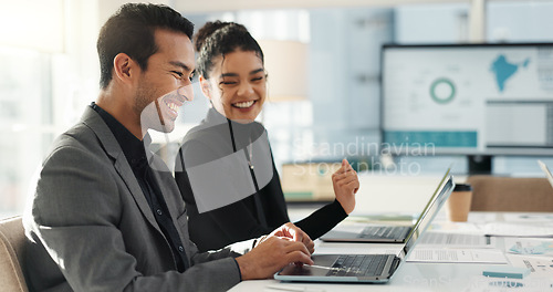 Image of Business people, laptop advice and meeting for data analysis, teamwork and collaboration of finance report. Professional woman, clients or employees on computer for help or talk of online statistics