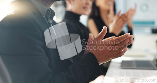Image of Business people, hands and applause in meeting, teamwork or thank you for presentation or conference at office. Closeup of employees or team clapping in motivation, support or workshop at workplace