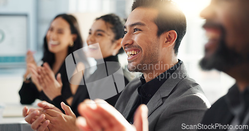 Image of Business people, meeting and group applause in success, support or thank you for achievement, praise or promotion. Professional team of men and women clapping for news, congratulations or celebration