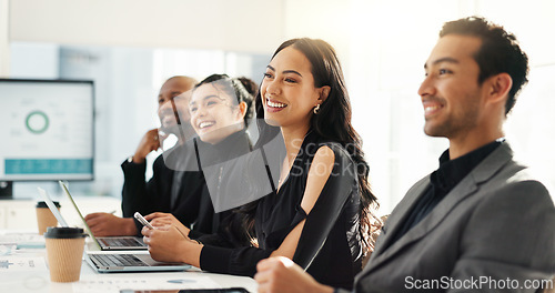 Image of Meeting, business people listening and planning in office for b2b project with smile and collaboration. Audience, men and women at workshop in corporate training, attention and brainstorming together