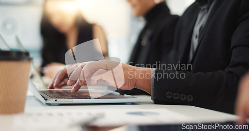 Image of Hands of man at meeting in office with laptop, email or social media for business feedback, schedule or agenda. Networking, typing and businessman online for market research, report and workshop.