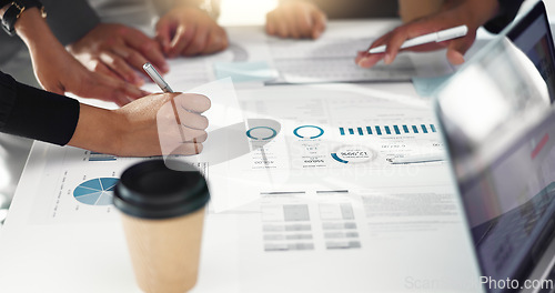 Image of People hands, documents and meeting for data analysis, planning and teamwork in stats meeting and marketing strategy. Business group with paperwork, infographics and metrics report or brainstorming