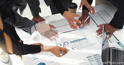 Image of People hands, documents and meeting for data analysis, planning and teamwork in stats meeting and marketing strategy. Business group with paperwork, infographics and metrics report or brainstorming