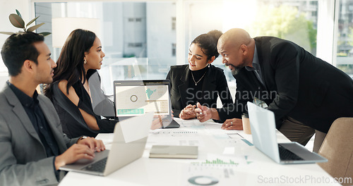 Image of Data presentation, laptop screen or business people collaboration, meeting and consulting on investment stats. Corporate finance, group feedback or team cooperation on web statistics, metrics or info