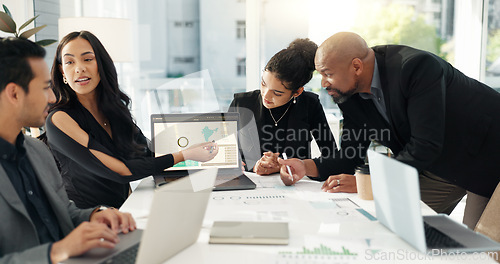 Image of Data presentation, laptop screen or business people collaboration, meeting and consulting on investment stats. Corporate finance, group feedback or team cooperation on web statistics, metrics or info