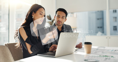Image of Talking, laptop and business people teamwork, reading and discussion on online sales news, web results or report. Collaboration, partner and corporate team analysis of company data, insight or stats