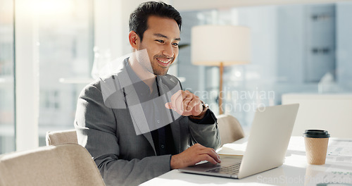 Image of Man in office with laptop, market research and notes for social media review, business feedback or planning. Thinking, search and businessman networking online for startup, website and writing report