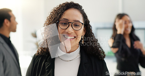 Image of Face, business and woman with glasses, professional and lawyer in a meeting, corporate and employee. Portrait, person and worker in a workplace, smile and advocate with teamwork, law firm or ambition