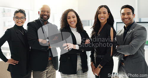 Image of Business people, group and arms crossed in office, face and smile at law firm, justice and diversity. Corporate attorney, advocate and teamwork for men, women and happy together for legal knowledge