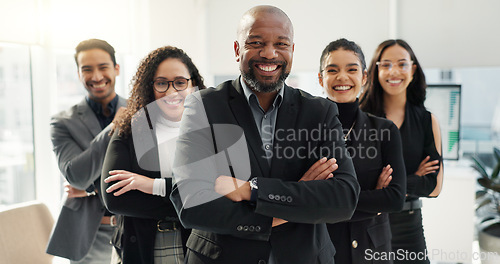 Image of Business, happy people with arms crossed and diversity, face and team with financial advisor group in workplace. Professional, collaboration and trust, confidence in portrait and accounting partners