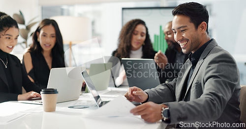 Image of Man at meeting in office with laptop, internet and review for business feedback, schedule or agenda. Networking, typing and businessman online for market research, web report document and workshop.