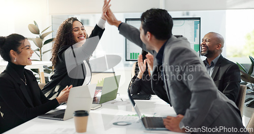 Image of Business people, high five and meeting success, celebration and achievement of sales news, target or goals. Happy group applause, support and excited for bonus, winning or results on computer screen