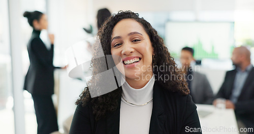Image of Face, happy woman and smile for success in business with meeting in strategy, planning or marketing at office. CEO, boss or manager of team for leadership, support or coaching in client communication