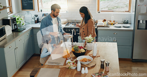 Image of Family cleaning after breakfast, food and nutrition with hygiene, parents and child in kitchen together. Bonding, health and wellness, clean dishes and man, woman and girl kid in kitchen at home