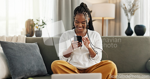 Image of Happy, black woman and credit card with phone on sofa for online shopping, payment code and fintech at home. Mobile banking, finance and password to upgrade subscription, ecommerce and money savings