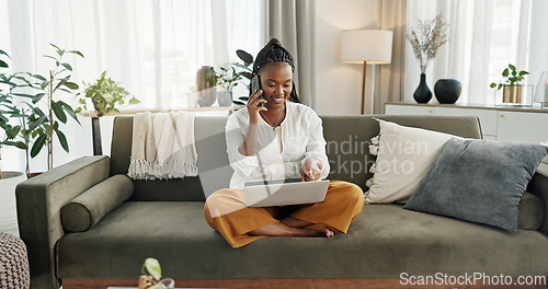 Image of Black woman on sofa, phone call and laptop for remote work, social media or blog post research with smile in home. Happy girl on sofa with computer, cellphone and online chat in house for networking