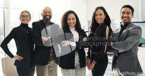 Image of Business people, group and arms crossed in office, face and smile at law firm, justice and diversity. Corporate attorney, advocate and teamwork for men, women and happy together for legal knowledge