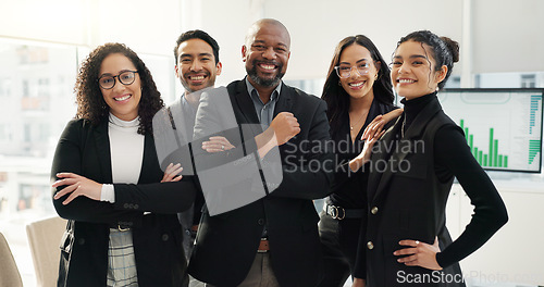 Image of Business people, arms crossed and diversity, face and teamwork with financial advisor group in the workplace. Professional, collaboration and trust, confidence in portrait and accounting partners