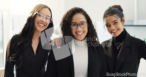 Image of Women, happiness and face of professional people smile for corporate collaboration, business support or staff empowerment. Colleagues, group career portrait or female team pride, trust and solidarity