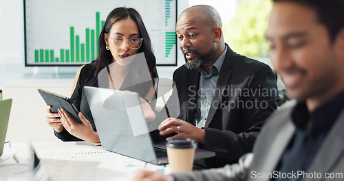 Image of Business people, teamwork and meeting for data analytics, finance report and sales, profit or accounting on laptop and tablet. Professional manager and woman planning and talking on stats on computer