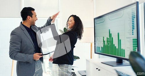 Image of Business people, high five and financial teamwork, success and celebration of data analytics, target or goals. Happy woman and man support, winning and good job for statistics on computer screen