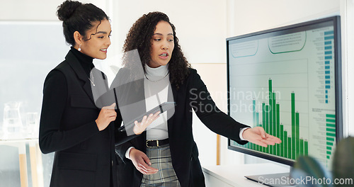 Image of Business women, teamwork and computer screen for data analysis, digital marketing research and social media report. Professional analyst, manager and clients with graphs, statistics and tablet review