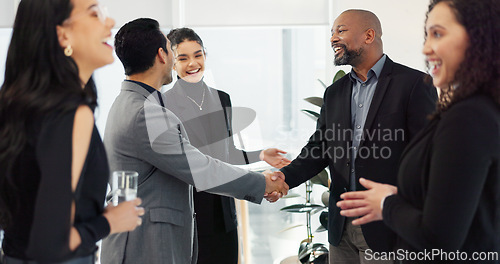 Image of Business people, handshake and meeting for b2b, partnership or introduction together at office. Businessman shaking hands with employee for teamwork, collaboration or agreement in deal at workplace