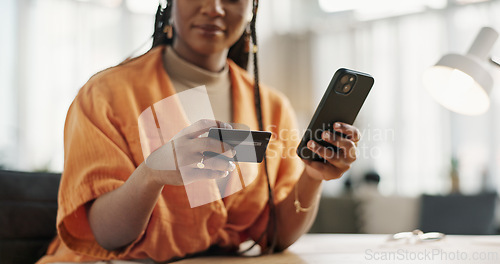 Image of Woman, credit card and hands with phone for online shopping, payment or fintech savings at home. Closeup, mobile banking and finance for sales, password and code for ecommerce to upgrade subscription