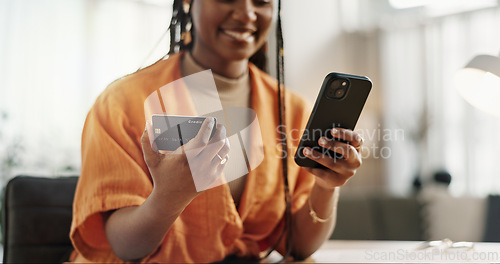 Image of Woman, credit card and hands with phone for online shopping, payment or fintech savings at home. Closeup, mobile banking and finance for sales, password and code for ecommerce to upgrade subscription