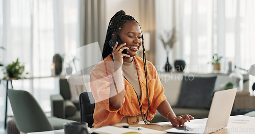 Image of Black woman in home office, phone call and laptop for remote work, social media or content management. Happy girl at desk with computer, cellphone and online chat in house for freelance networking.